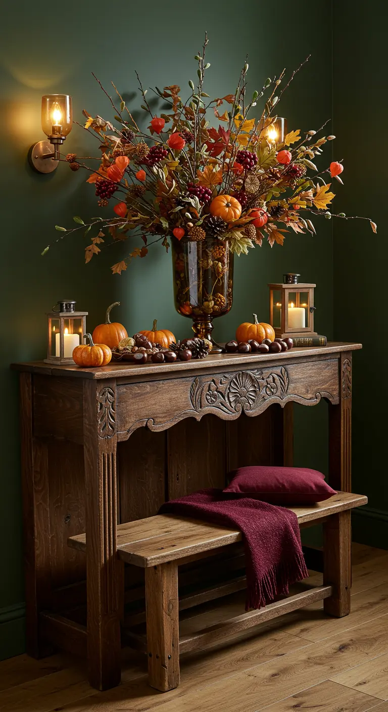 Console d'entrée décorée pour l'automne avec un grand arrangement floral, citrouilles et lanternes.
