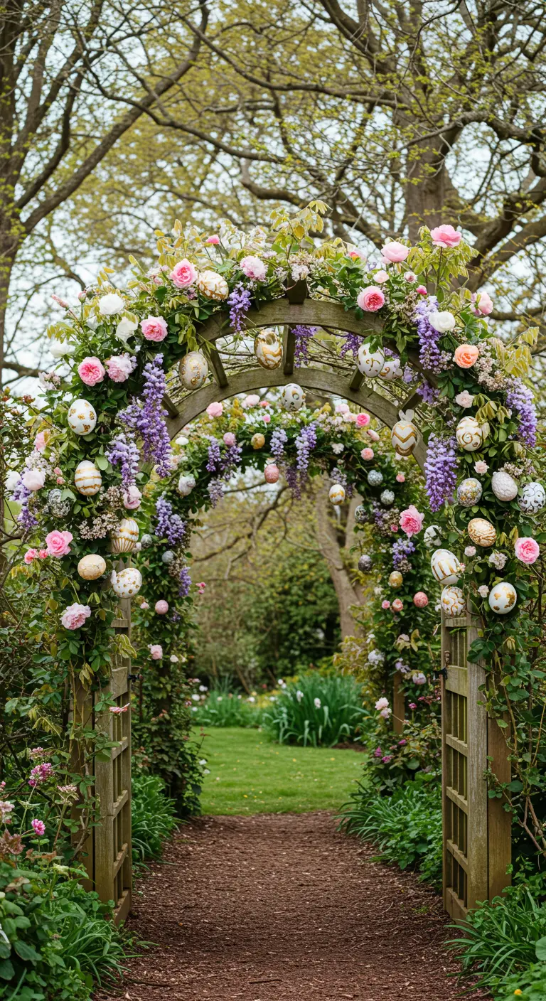 Arche de jardin fleurie de roses et glycine, avec œufs pastel et dorés suspendus.