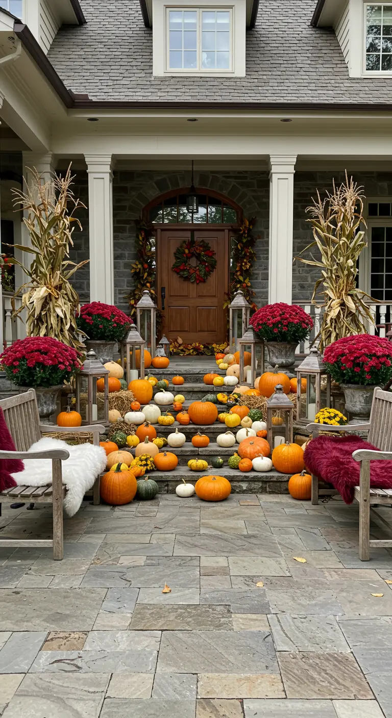 Entrée de maison décorée pour l'automne avec de nombreuses citrouilles, chrysanthèmes, gerbes de maïs et lanternes.