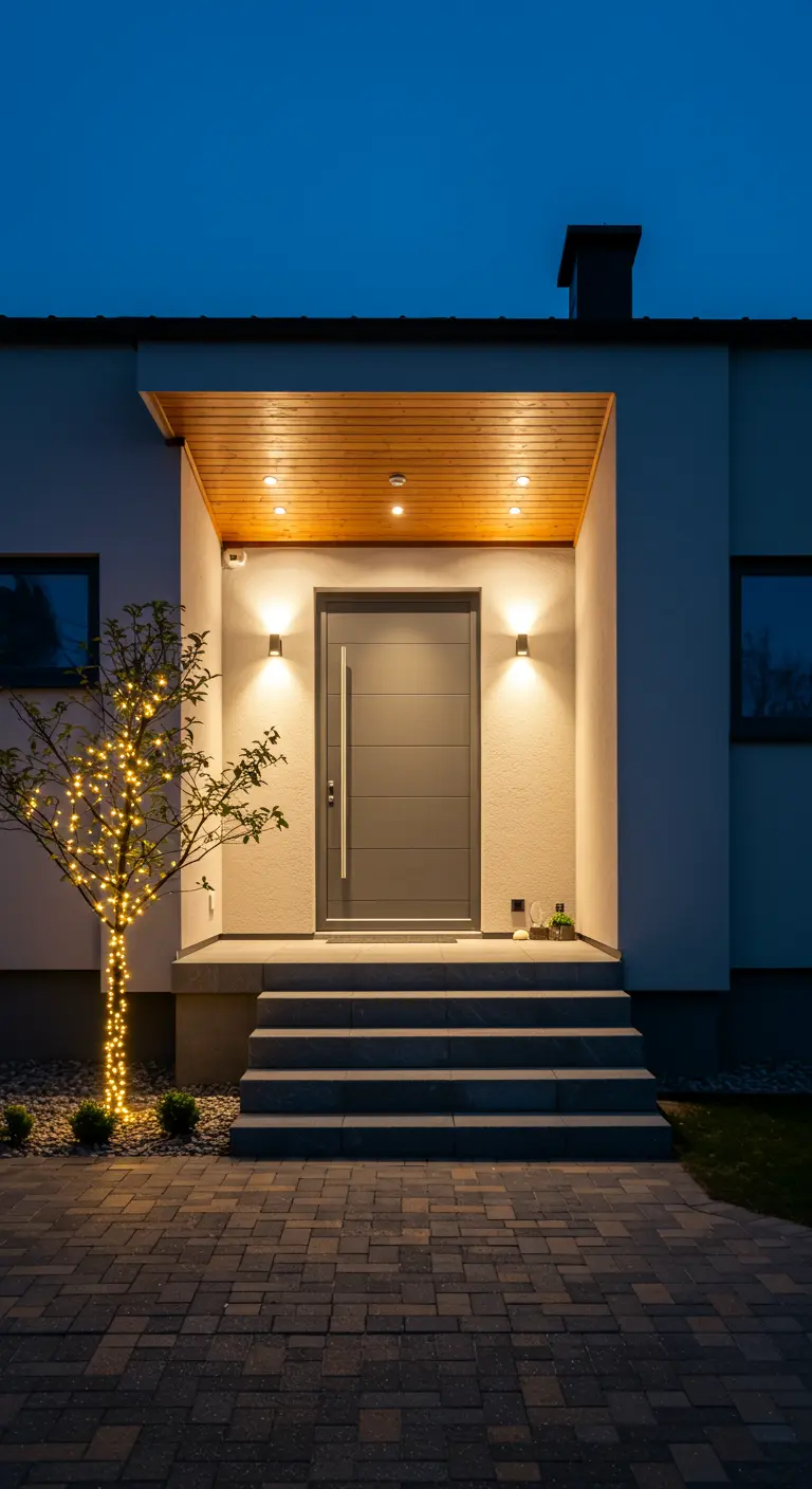 Entrée de maison moderne avec un porche éclairé et un jeune arbre enroulé de guirlandes lumineuses.