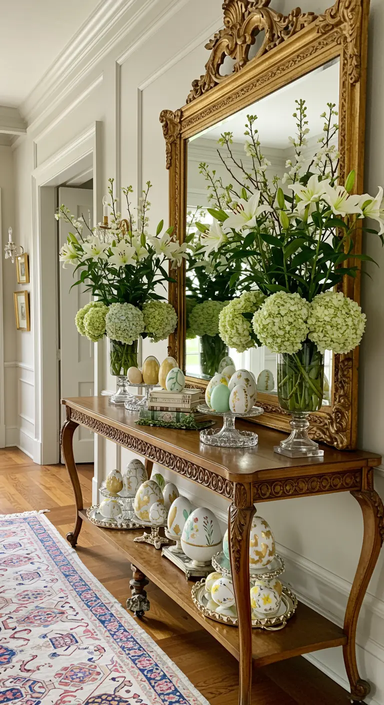 Console d'entrée dorée avec miroir, fleurs blanches et plateaux d'œufs décorés.