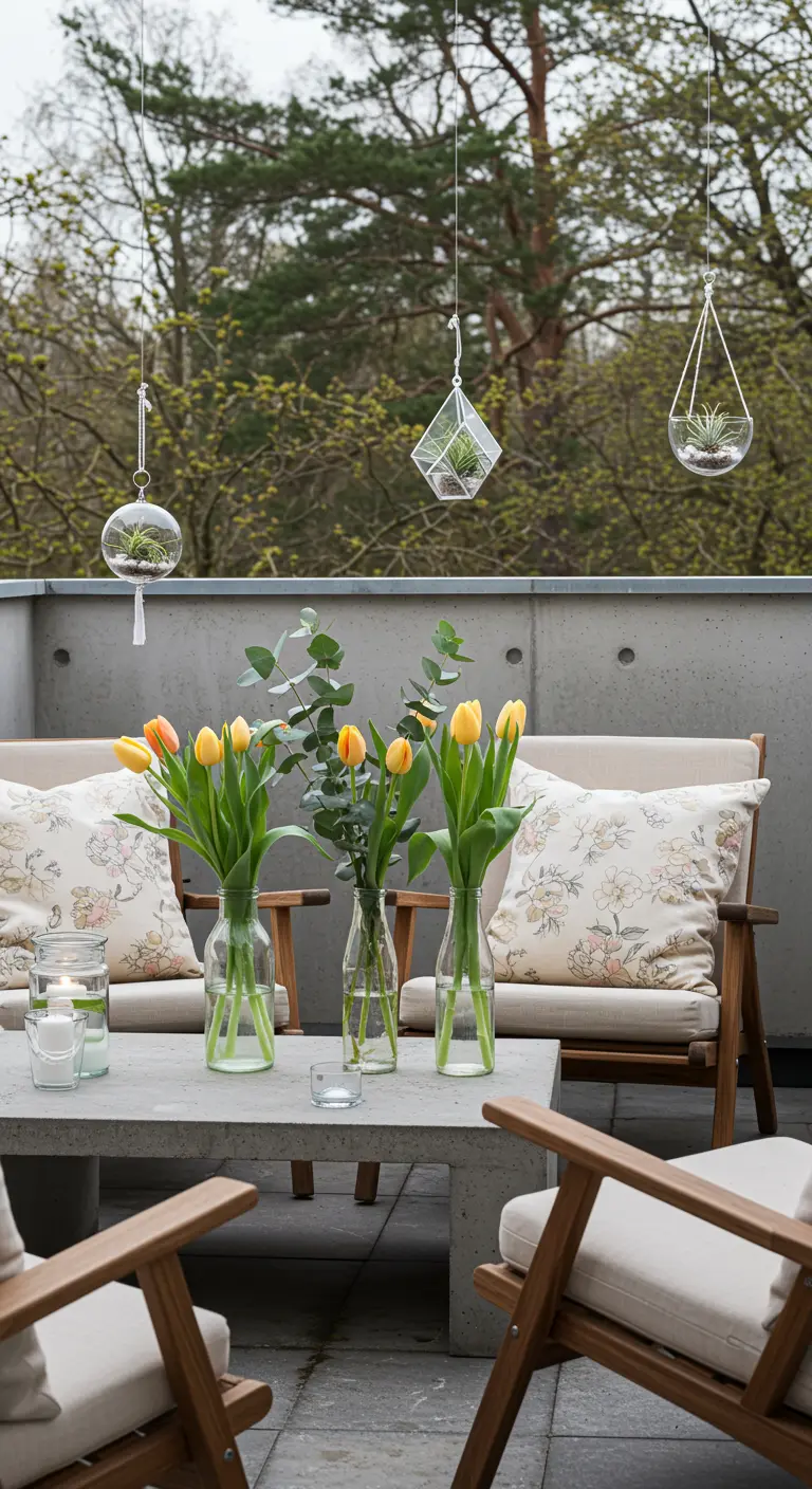 Terrasse moderne avec mobilier en bois clair, table en béton, tulipes et eucalyptus, terrariums suspendus.