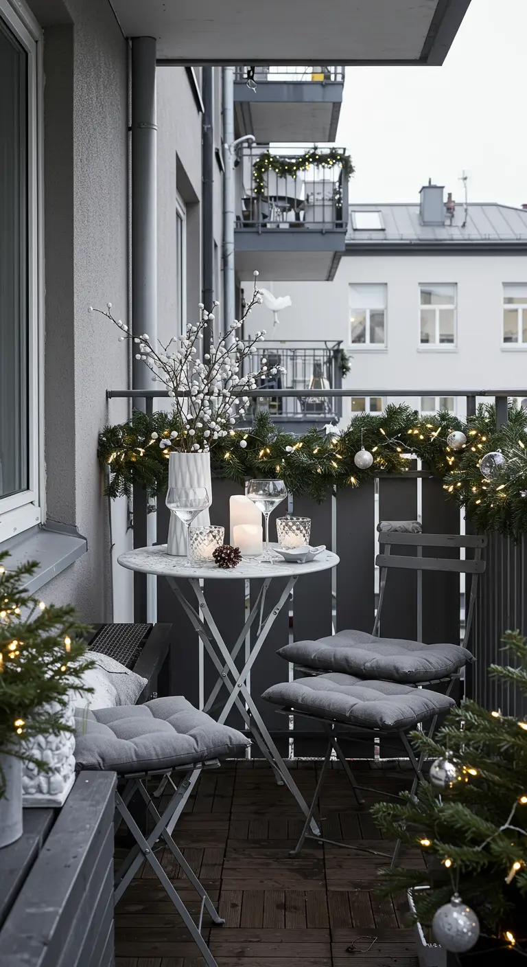 Petit balcon décoré de guirlandes lumineuses, mobilier gris et décorations blanches.