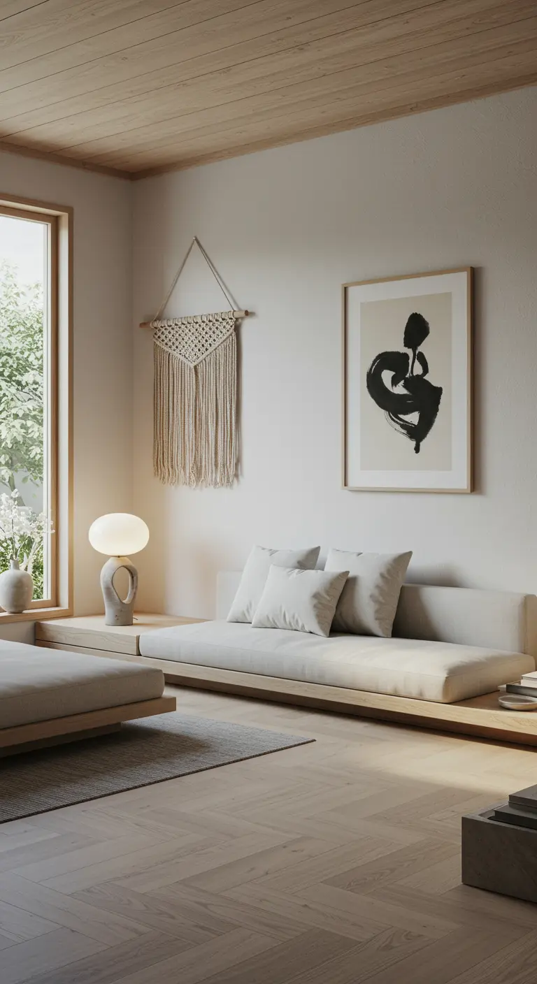 Salon Zen avec mur clair, grand cadre abstrait noir et blanc, macramé minimaliste et banquette basse.
