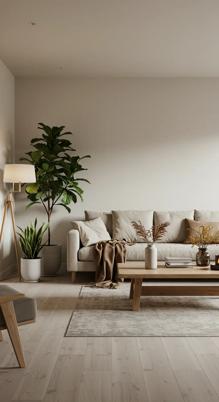 Salon scandinave avec canapé beige, grandes plantes vertes, table basse bois et lampadaire trépied.