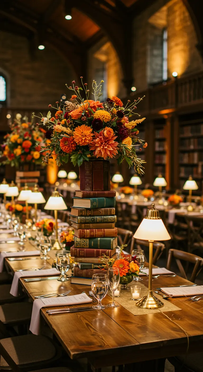 Longues tables en bois dans une bibliothèque, centres de table de fleurs automnales sur des piles de livres anciens et lampes de table.