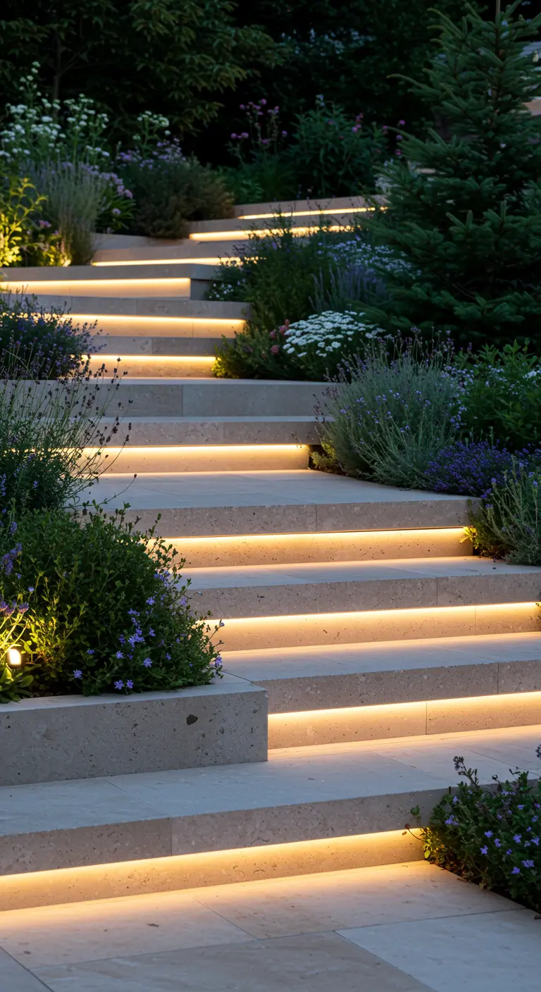 Escalier extérieur en pierre claire avec des bandes LED sous les marches et végétation luxuriante.