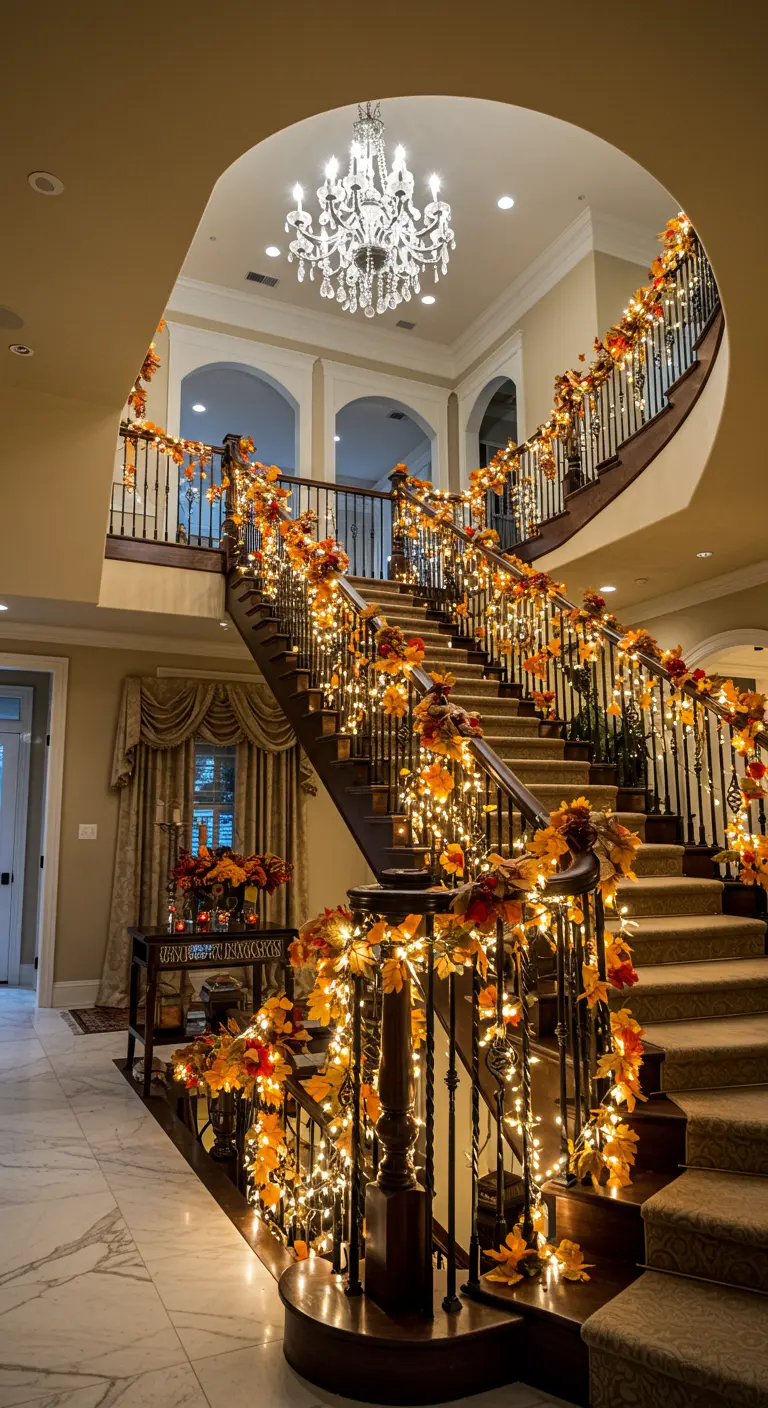 Grand escalier élégant décoré de guirlandes lumineuses et de feuillage d'automne.