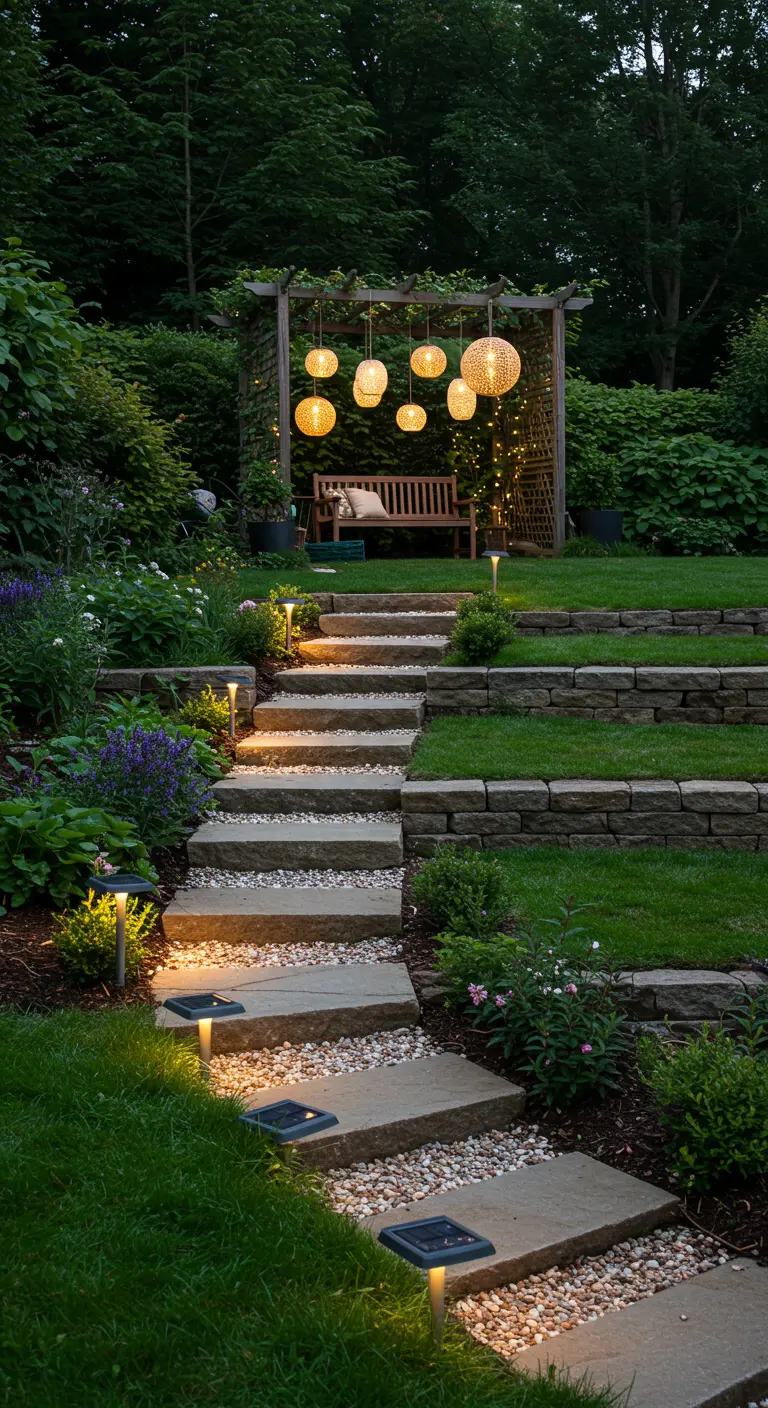 Jardin en terrasses avec escalier en pierre, éclairage de chemin et lampions.