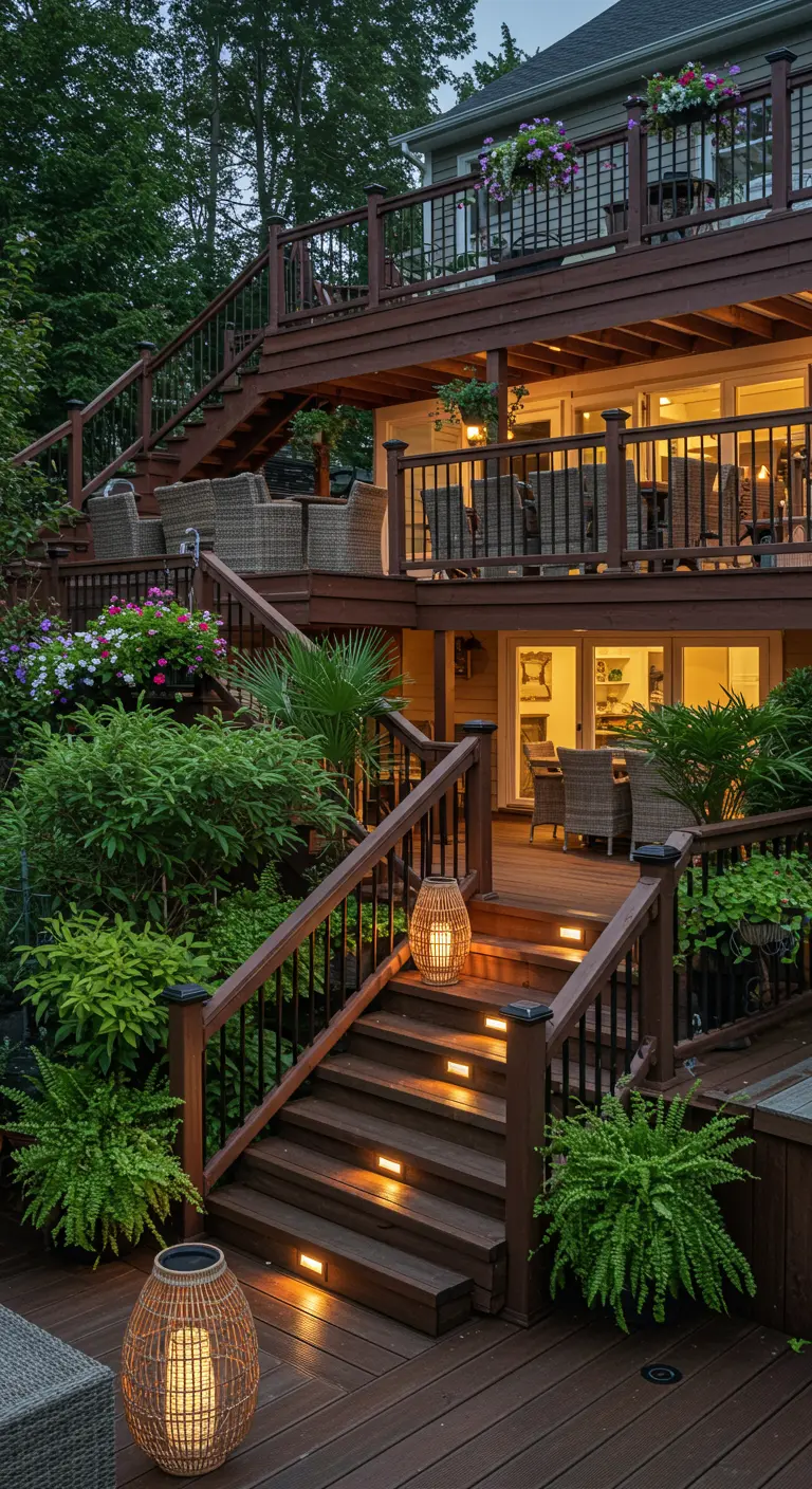 Terrasse multi-niveaux en bois avec escaliers éclairés par des spots et des lanternes au sol.