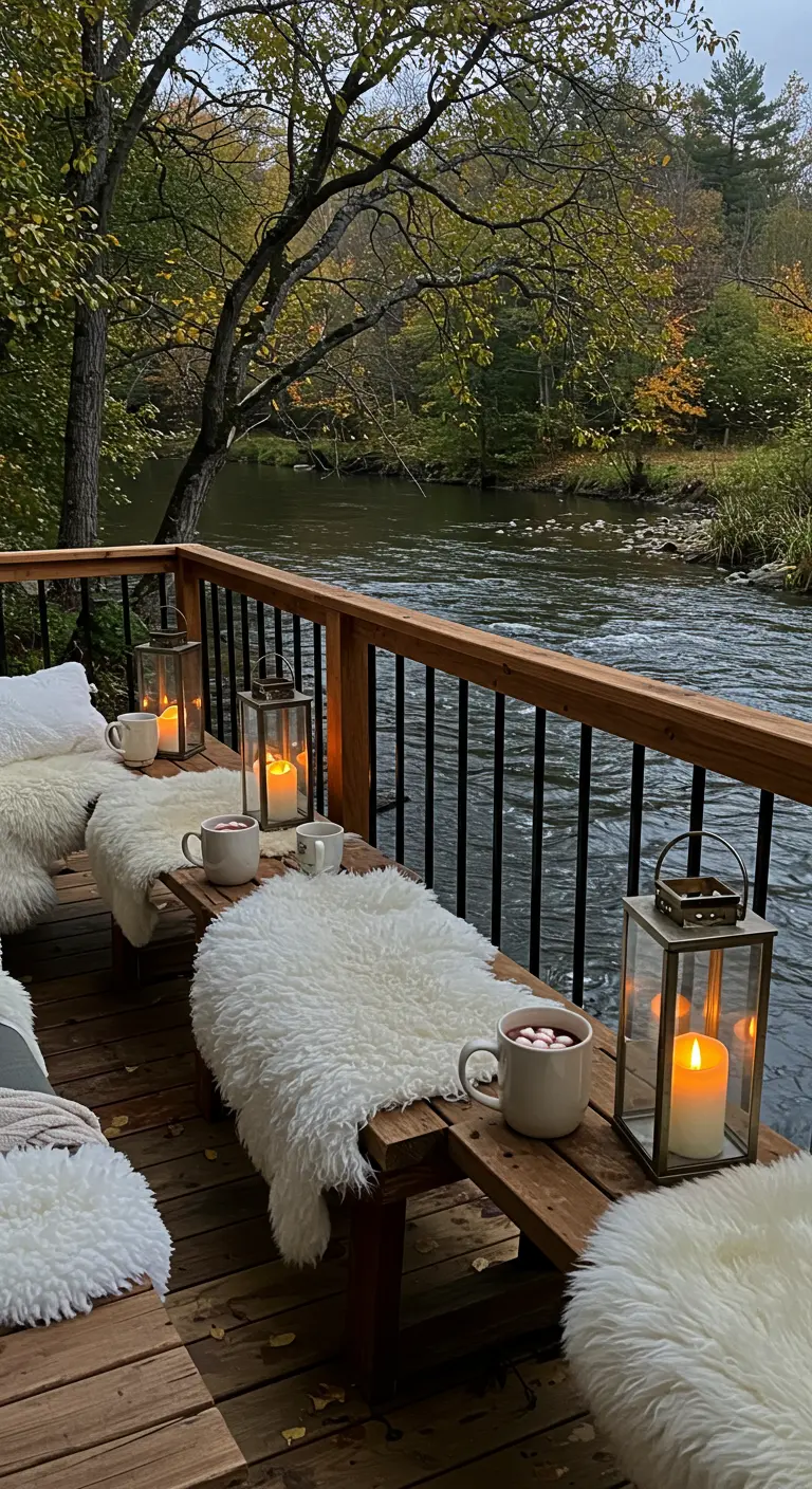 Ponton en bois au bord d'une rivière avec peaux de mouton et lanternes.