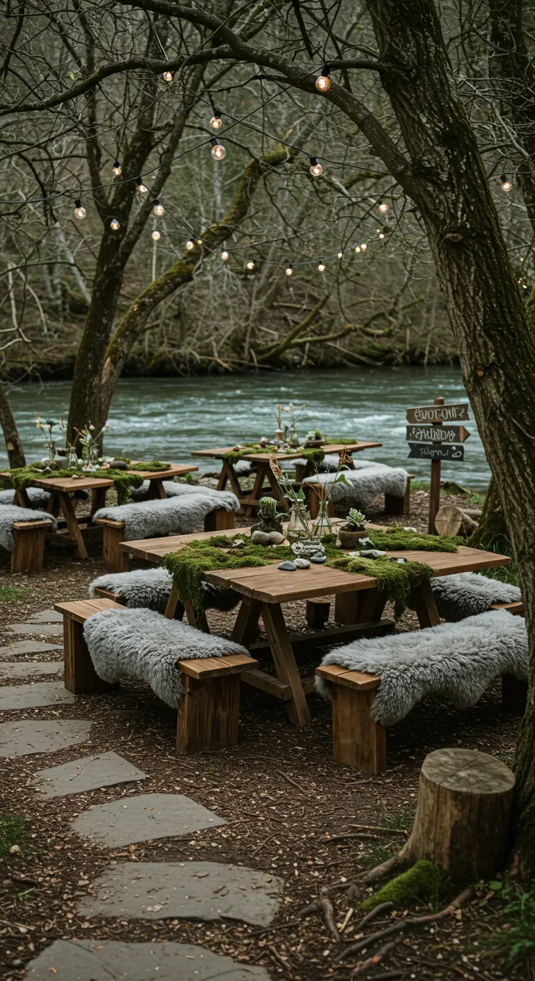 Tables en bois au bord d'une rivière, chemin de table en mousse, plaids en fausse fourrure et guirlandes lumineuses.