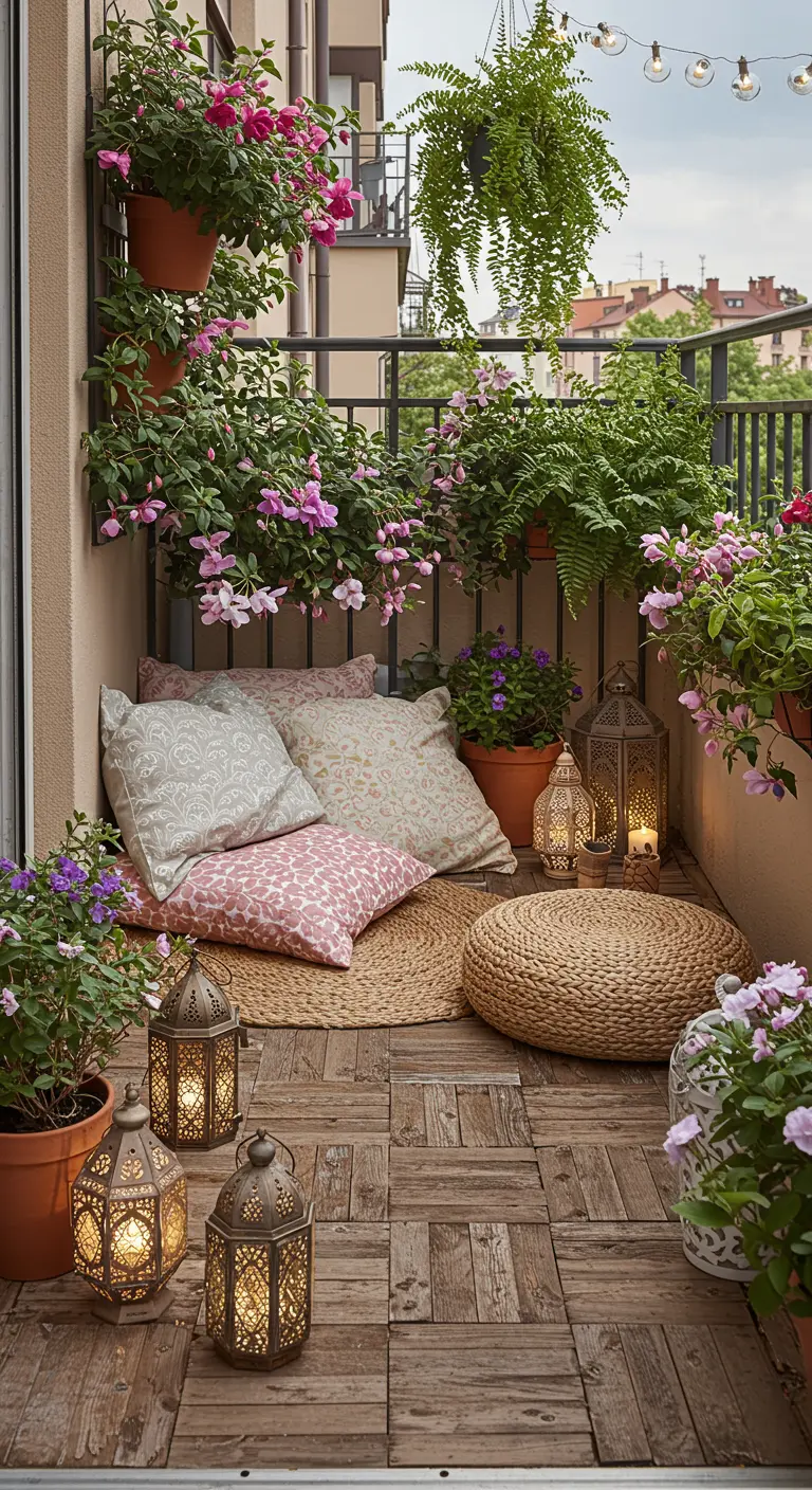 Balcon bohème avec coussins au sol, pouf en osier, lanternes marocaines et plantes vertes.