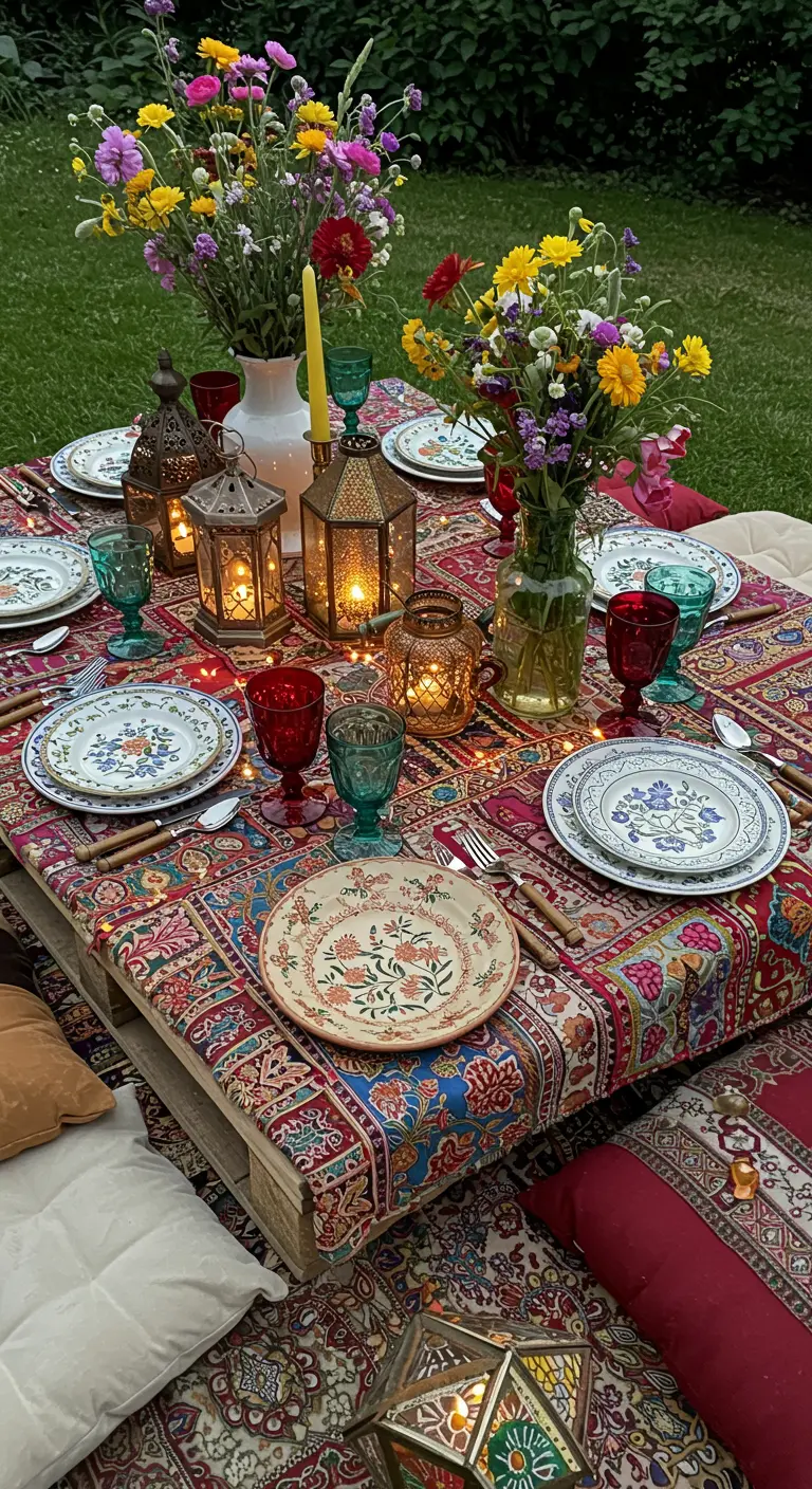 Table basse de pique-nique avec nappe colorée, coussins, lanternes et vaisselle florale.