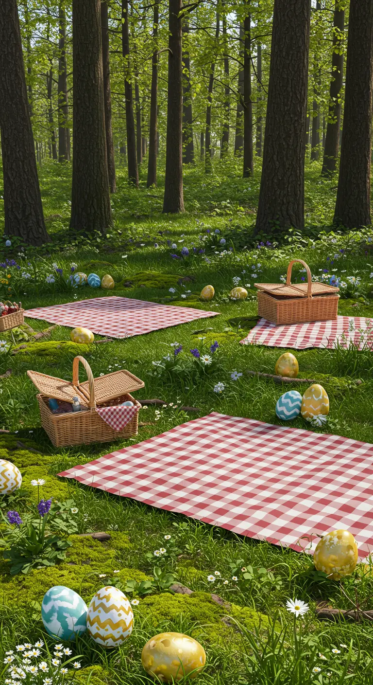 Pique-nique en forêt avec nappes à carreaux et œufs décorés dans l'herbe.