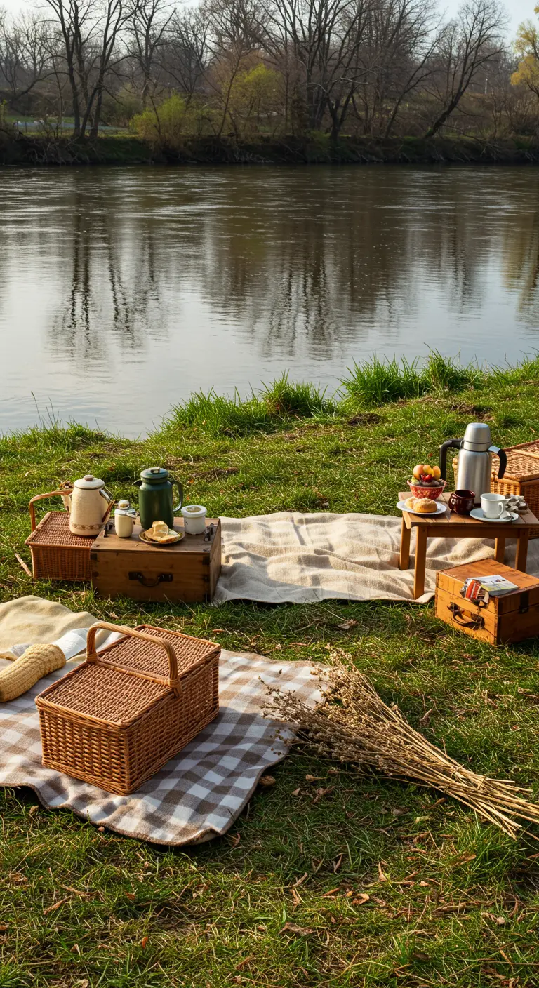 Pique-nique au bord de la rivière avec paniers en osier, thermos et couvertures à carreaux.