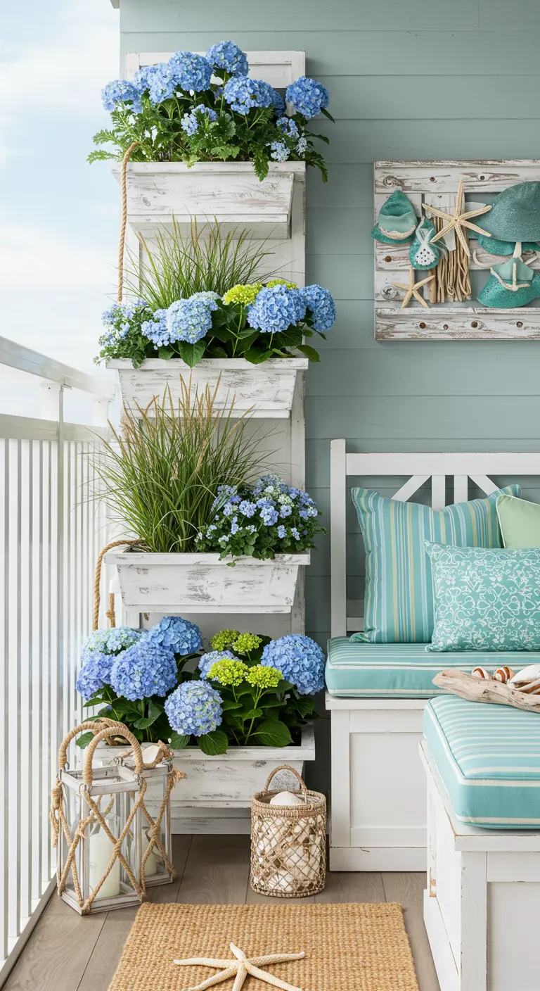 Balcon sur le thème marin avec hortensias bleus et jardinières superposées.
