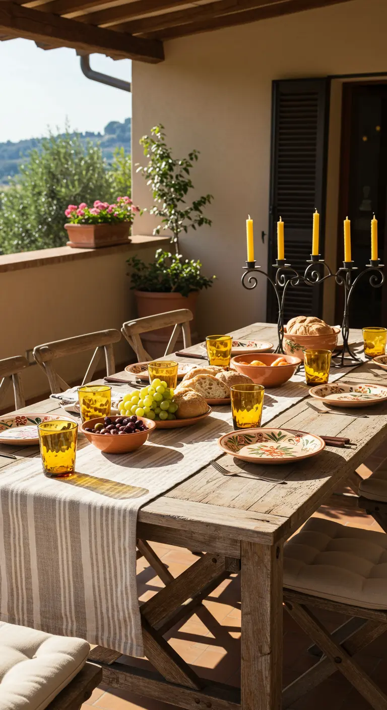 Table de terrasse rustique avec chemin de table rayé, verres jaunes et bougies sur candélabres.