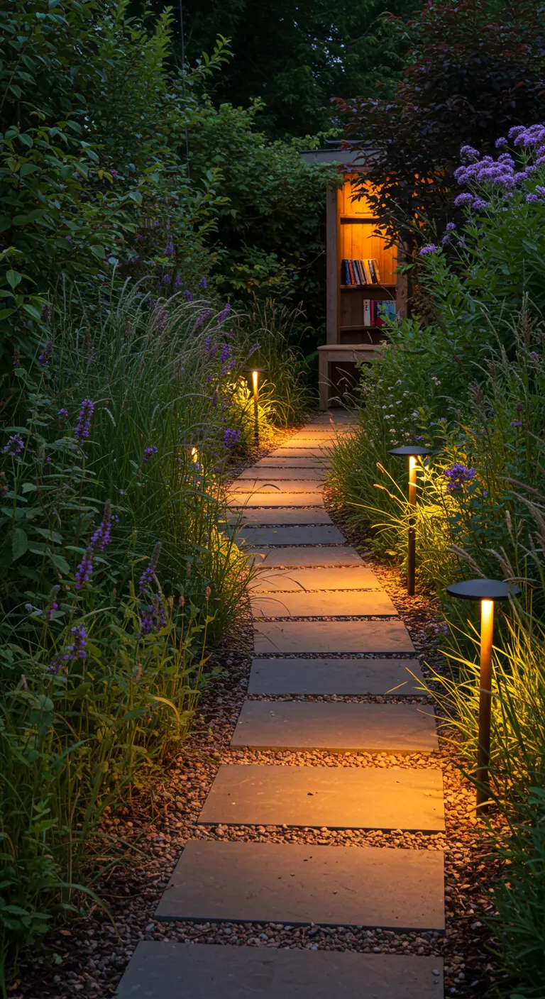 Chemin de dalles dans un jardin luxuriant menant à un petit abri en bois avec des livres.