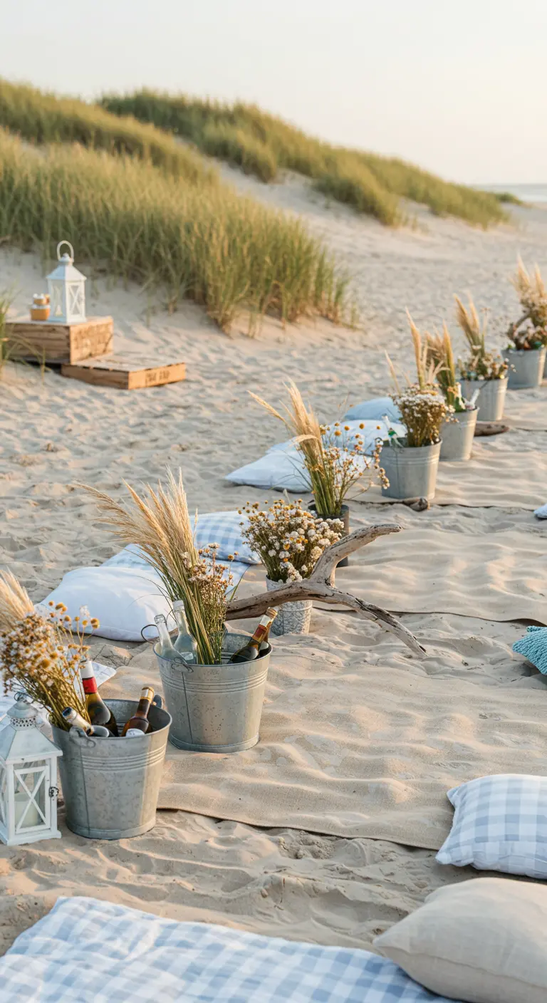 Pique-nique sur la plage avec seaux galvanisés, coussins à carreaux et herbes séchées.
