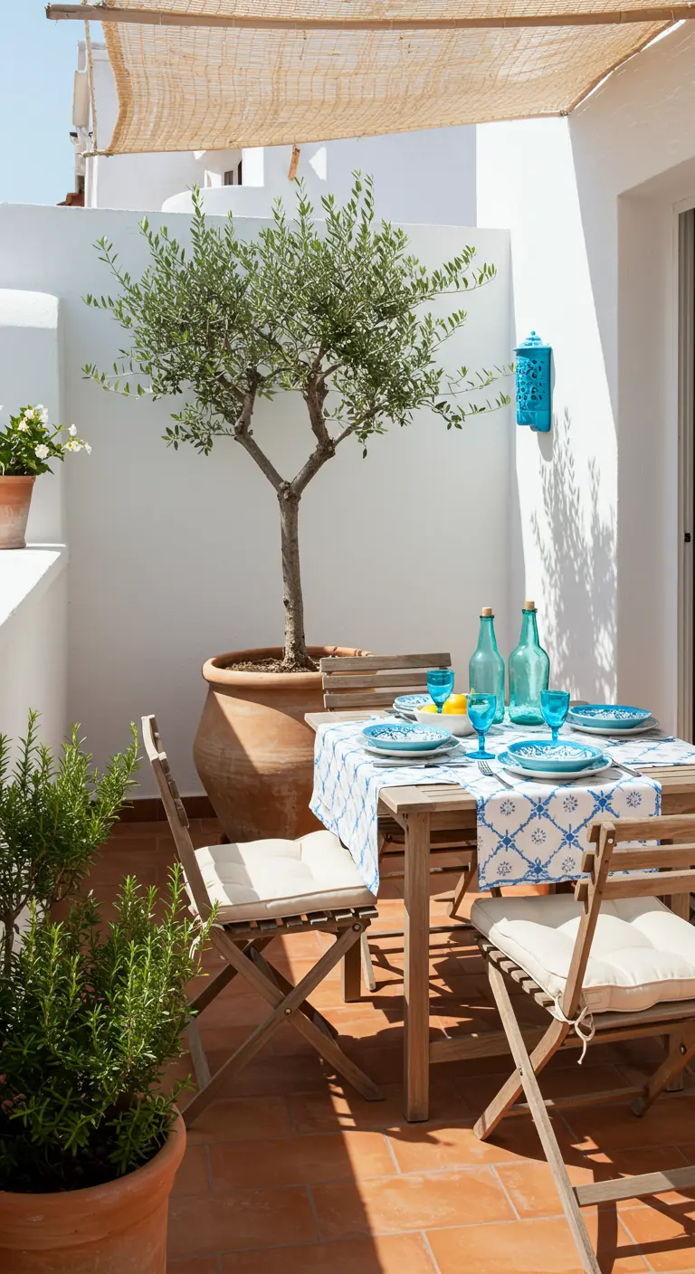 Terrasse méditerranéenne avec un olivier en pot, table en bois avec nappe et vaisselle bleues et aqua.