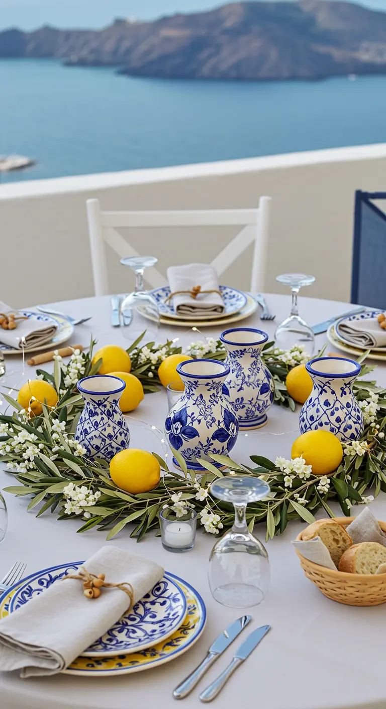 Table méditerranéenne avec couronne d'olivier, citrons, vases bleus et blancs et petites lumières.