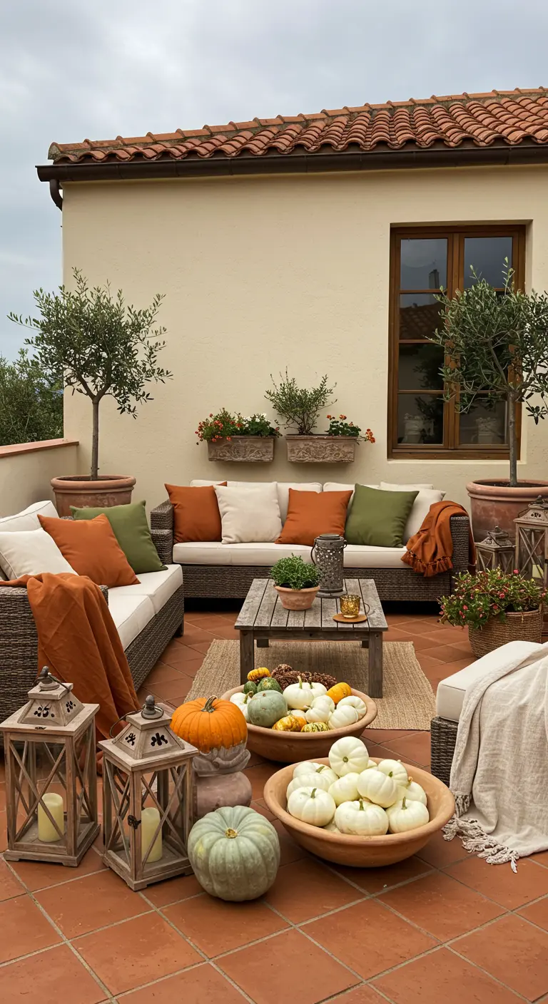 Patio méditerranéen avec carrelage terracotta, oliviers, canapé extérieur, bols de citrouilles et lanternes en bois.