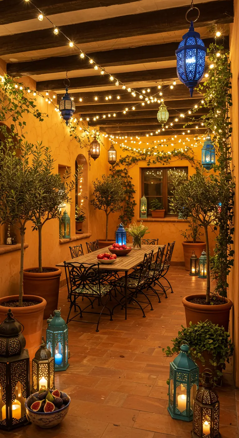 Patio méditerranéen avec guirlandes LED, lanternes colorées, oliviers en pots et table de dîner.