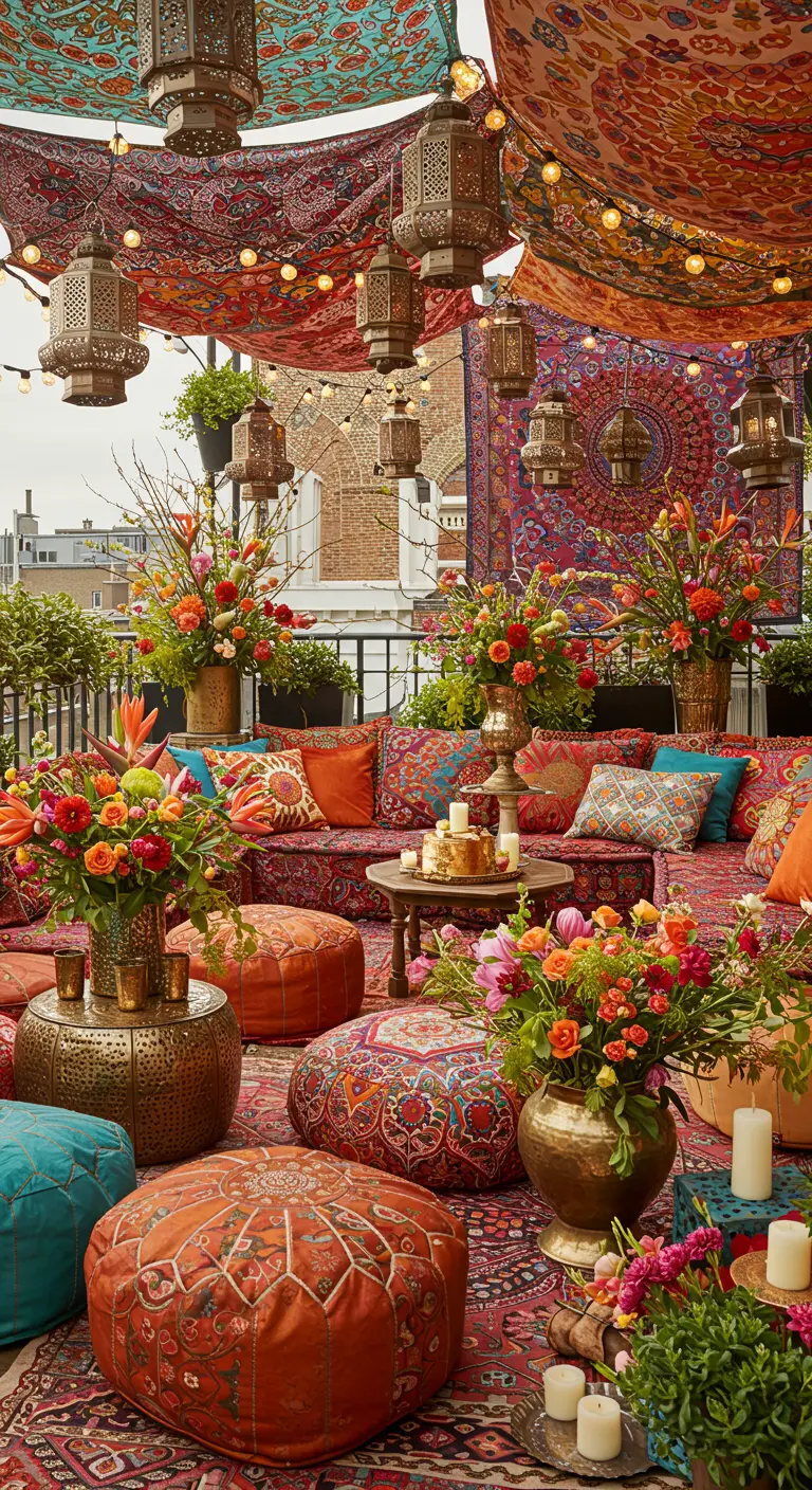 Terrasse d'inspiration marocaine avec tentures, lanternes, coussins colorés et bouquets exubérants.