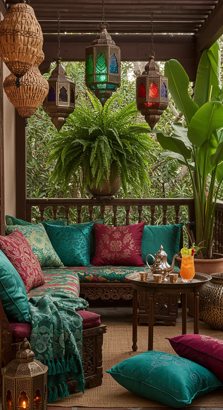 Balcon oriental avec canapé à motifs, coussins colorés, lanternes marocaines et en osier.