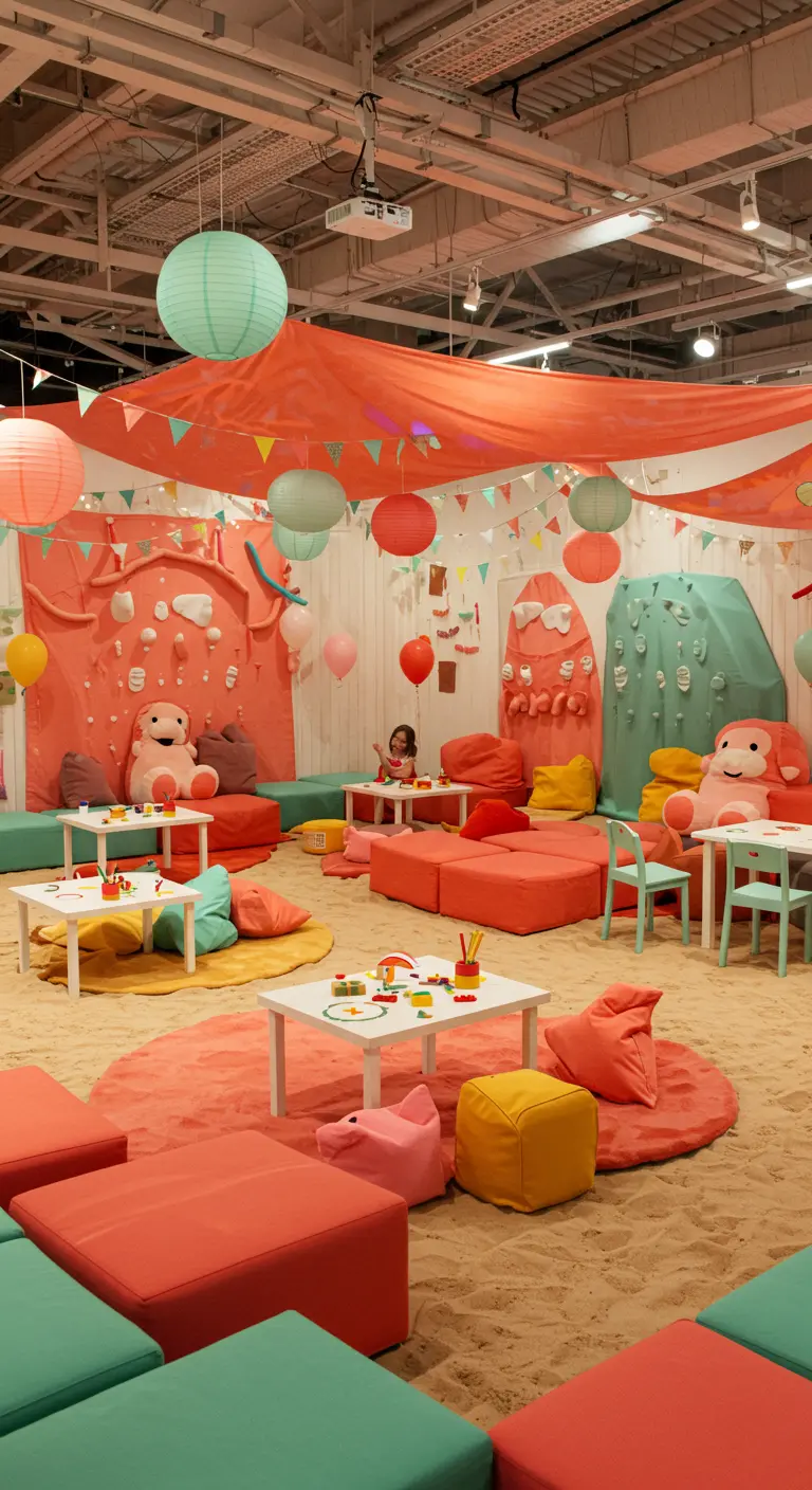 Salle de jeux pour enfants avec sol de sable, poufs corail et menthe, tables basses et lampions colorés.