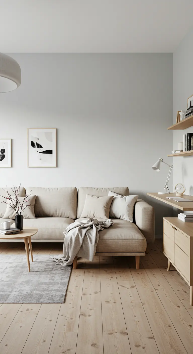 Salon scandinave avec canapé beige, coin bureau intégré en bois clair et étagères murales.