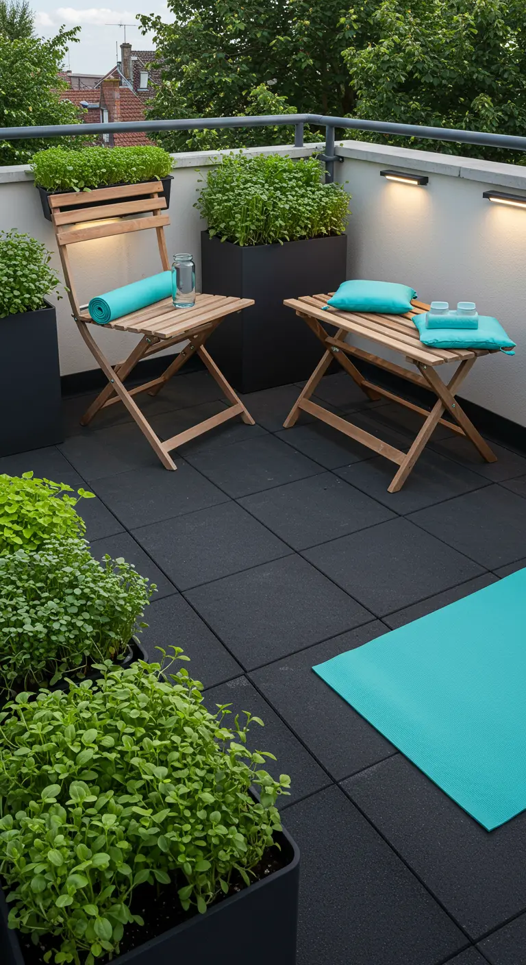 Terrasse moderne pour le yoga avec dalles noires, plantes en pots noirs et accessoires turquoise.