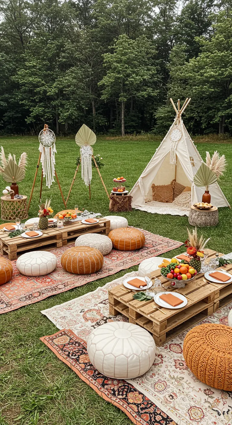 Scène bohème en plein air avec tipi, tables basses en palettes, coussins, tapis et décorations macramé.