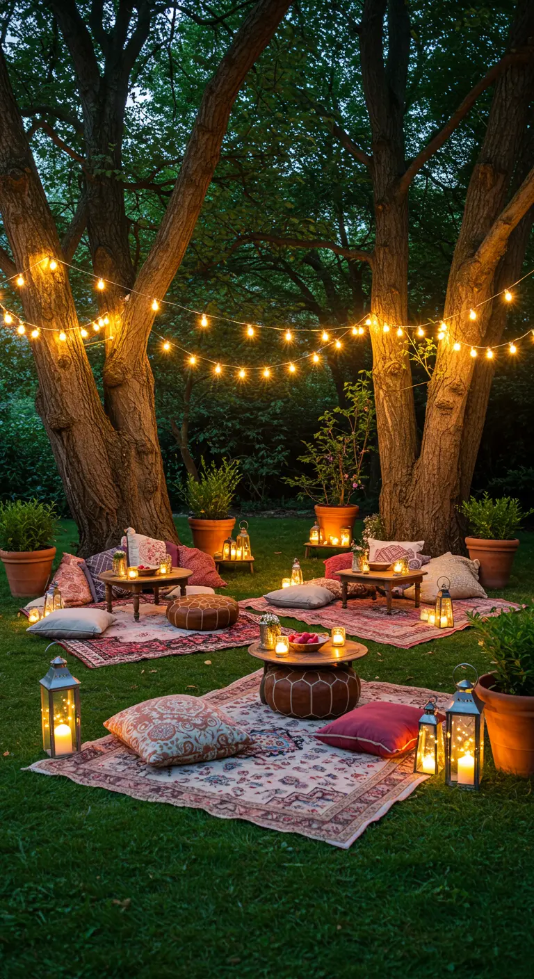 Salon de jardin bohème en pleine nature avec coussins, tapis et guirlandes lumineuses suspendues.