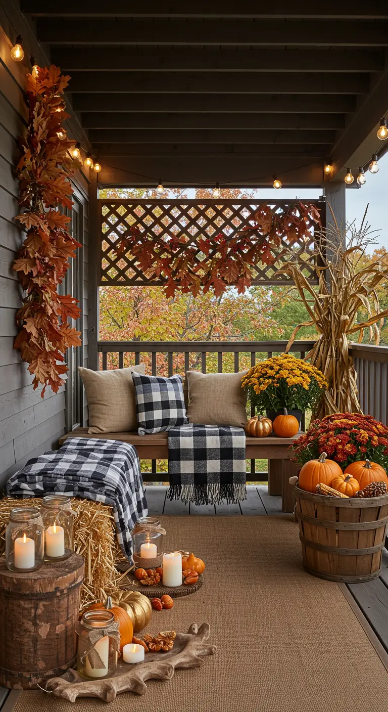 Porche décoré pour l'automne avec banc, plaids, botte de foin, maïs séché, citrouilles, guirlande lumineuse.
