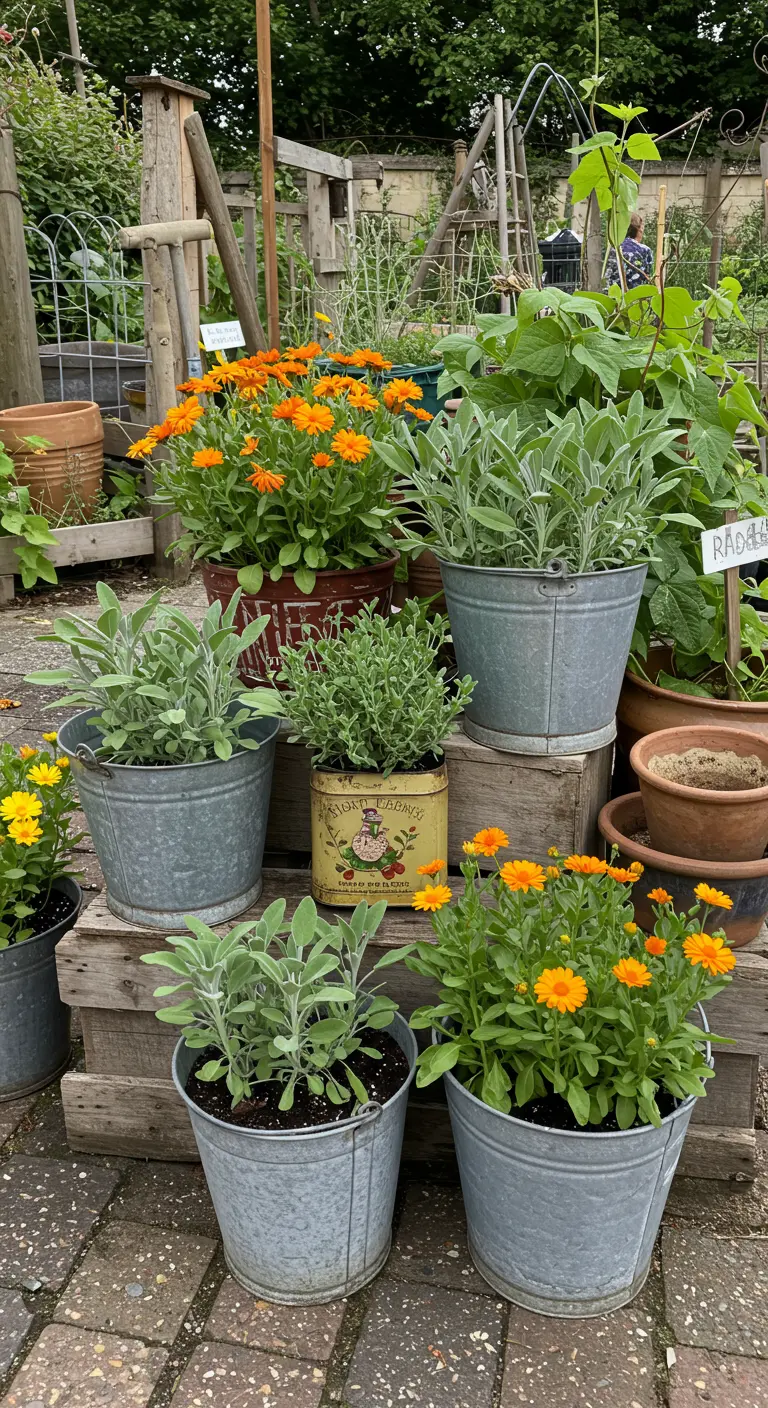 Pots en zinc et terre cuite avec soucis et sauge sur des caisses en bois.