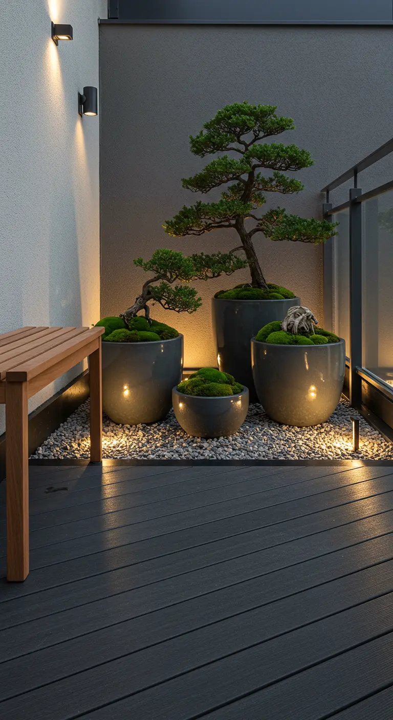 Balcon zen avec bonsaïs en pots ronds, mousse, galets et éclairage de sol.
