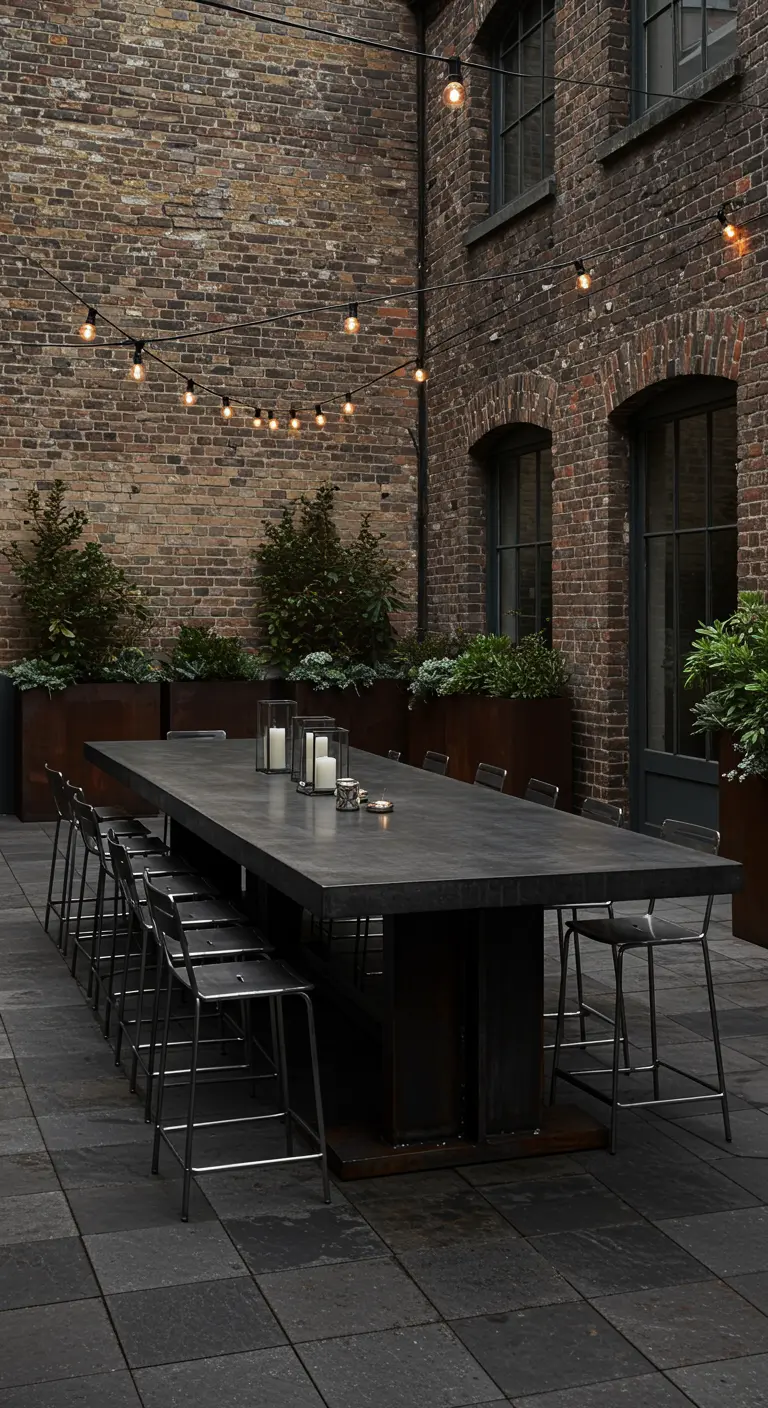 Table de bar en béton foncé avec tabourets en acier dans une cour en briques, guirlandes lumineuses.