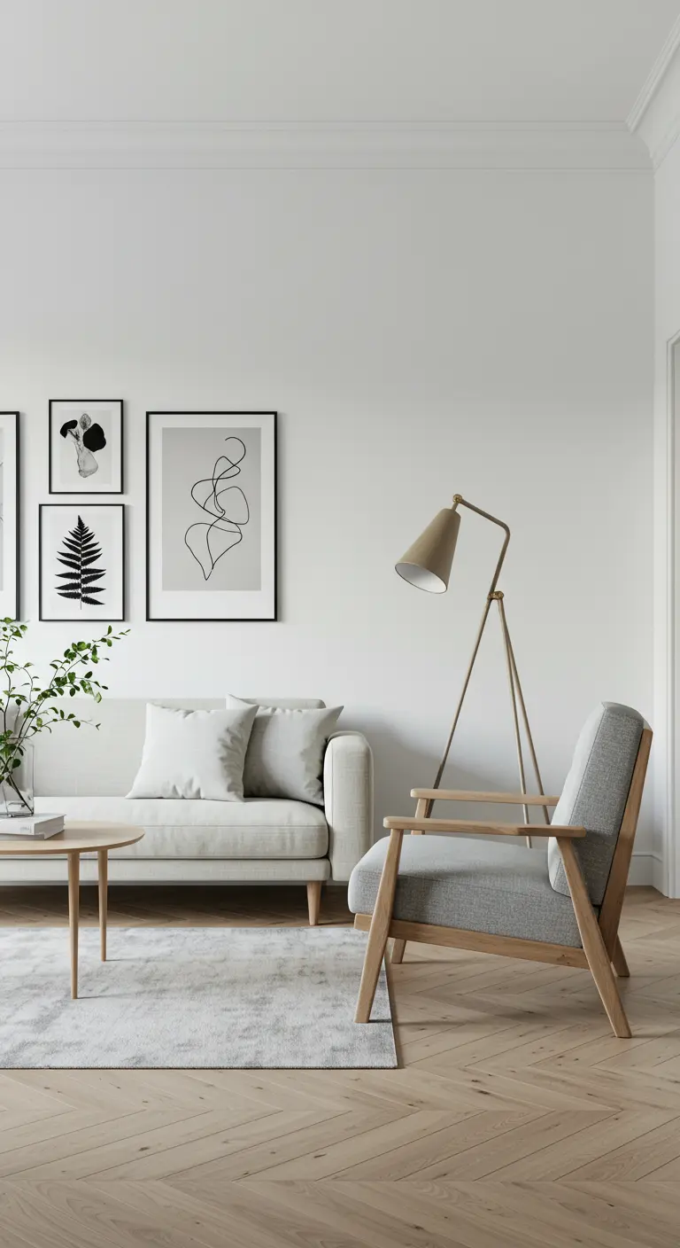Salon scandinave minimaliste avec canapé beige, fauteuil bois et gris, tables basses et affiches murales.
