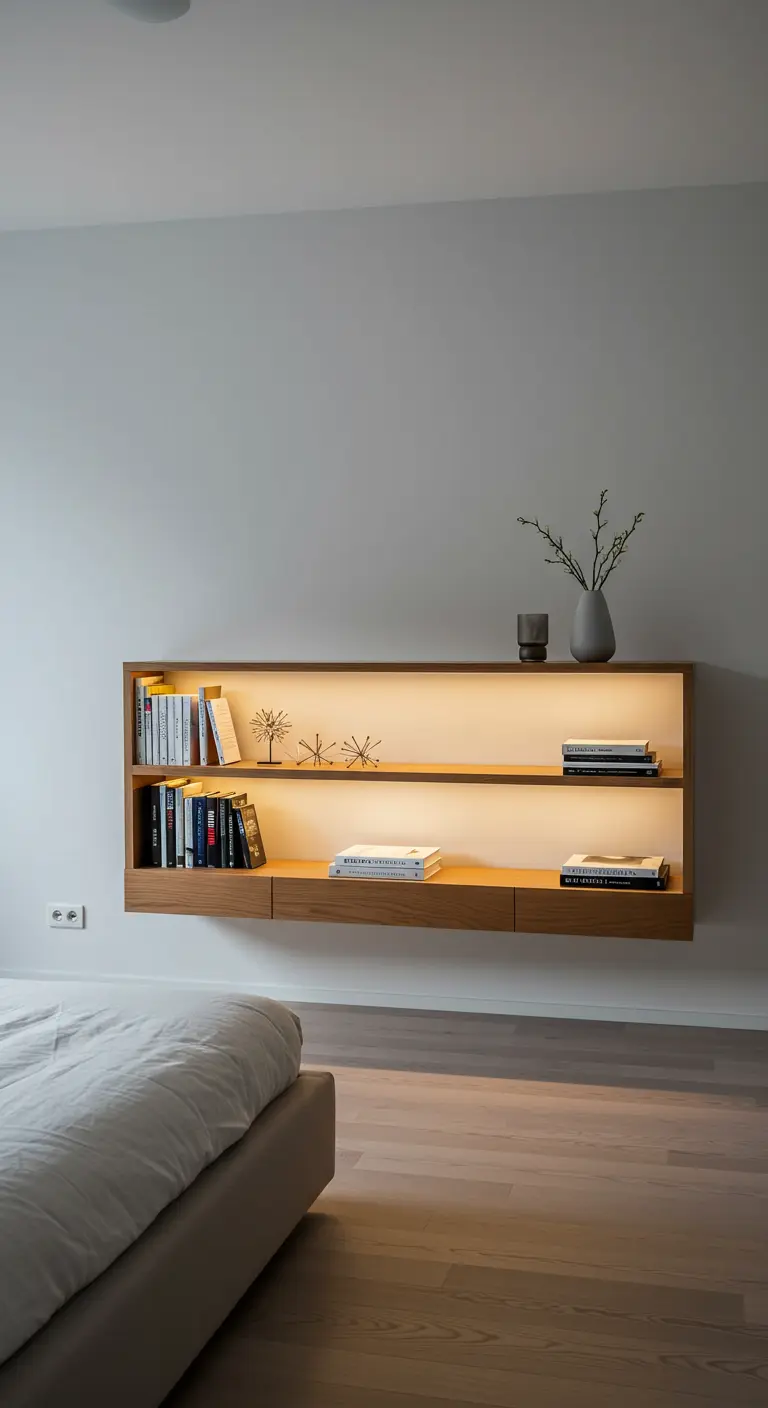 Étagère murale flottante avec éclairage LED intégré, mettant en valeur livres et objets.
