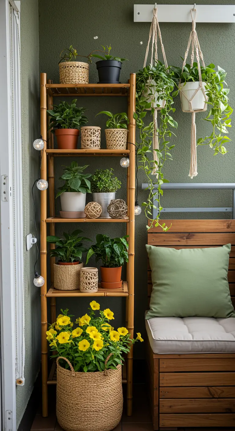 Petit balcon avec étagère en bambou, suspensions macramé et banc en bois.