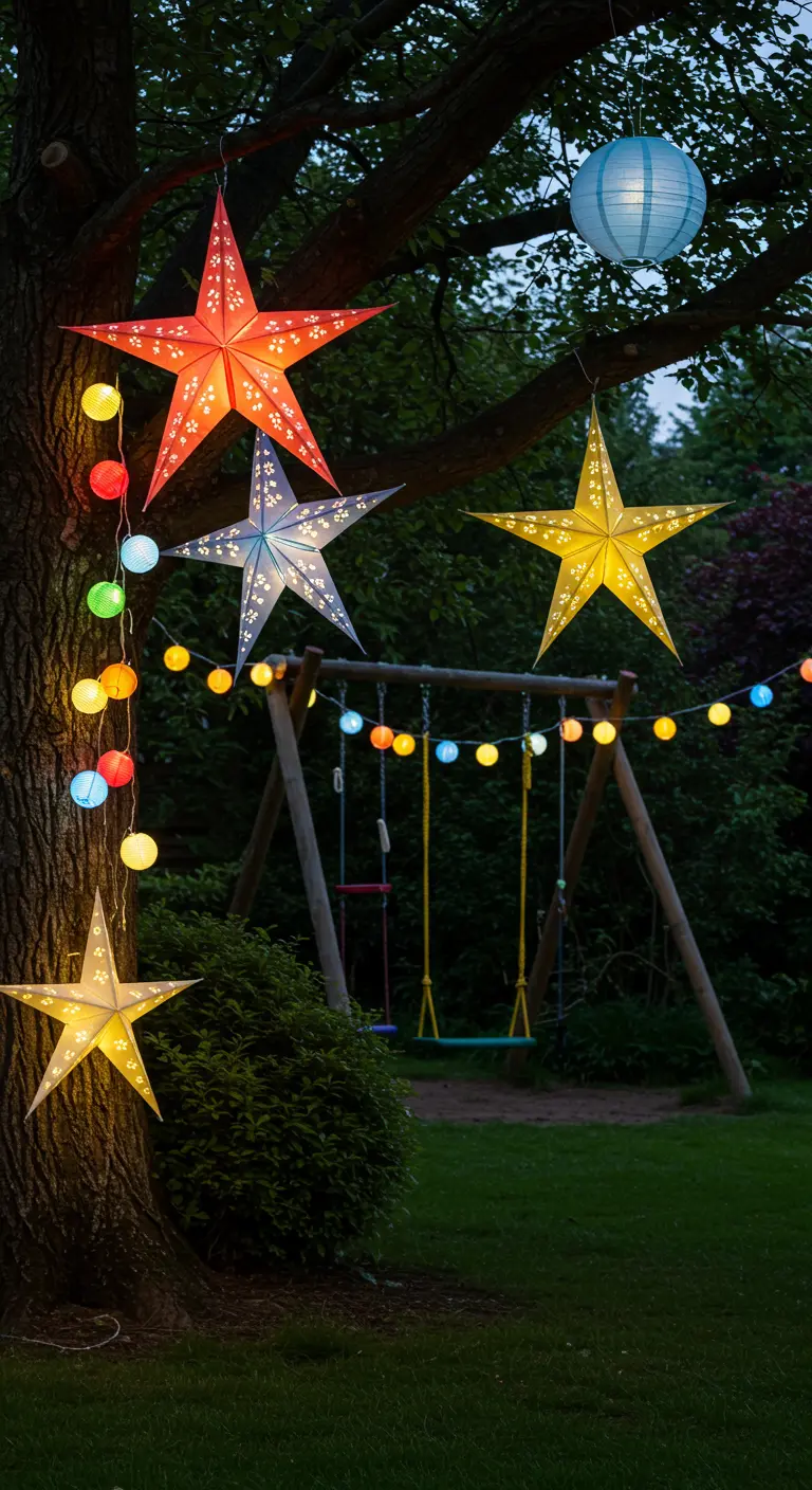 Grand arbre avec lampions étoiles colorés et guirlandes lumineuses au-dessus d'une balançoire.