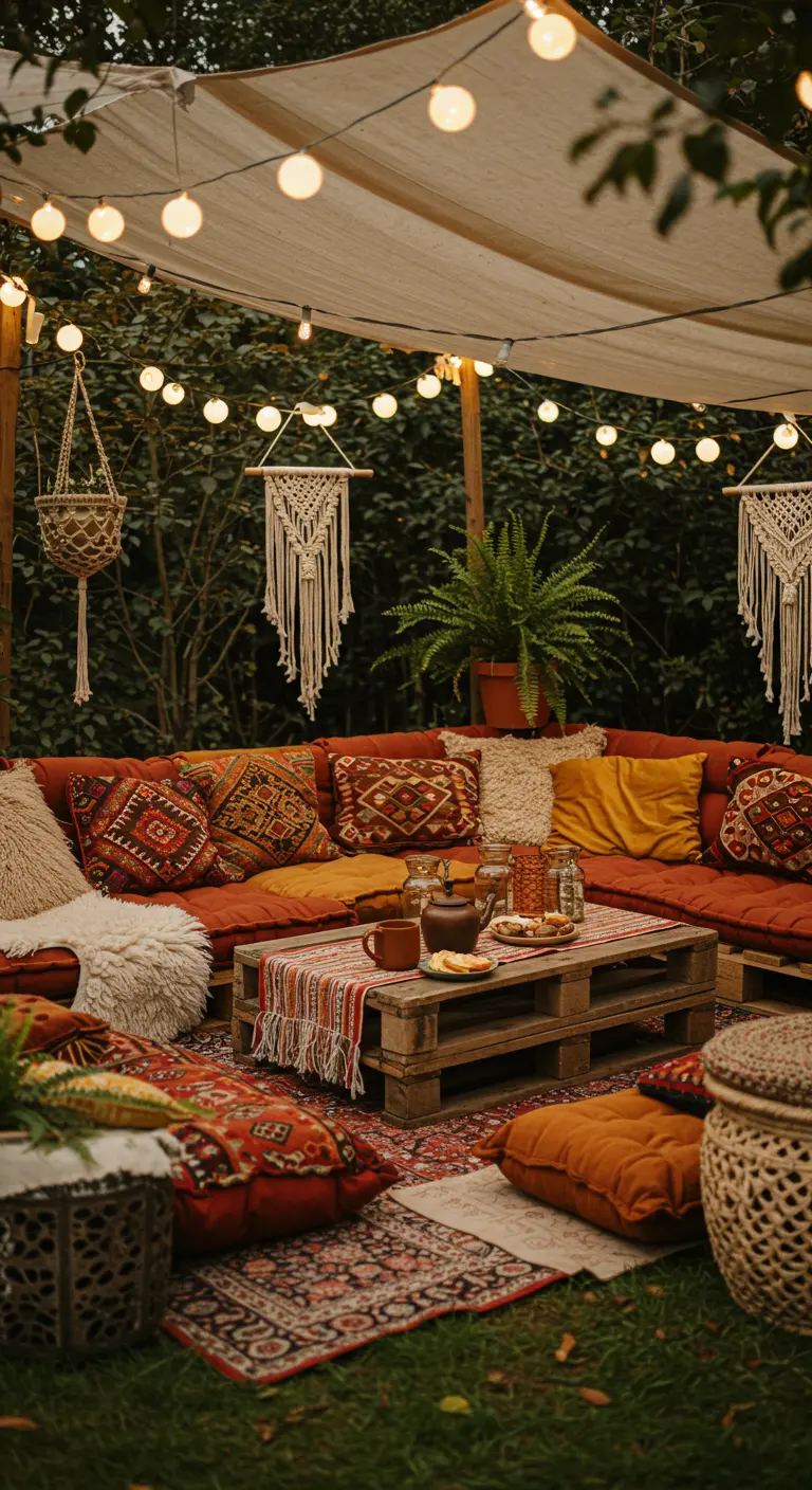 Salon de jardin bohème avec canopée, coussins colorés et lumières suspendues.