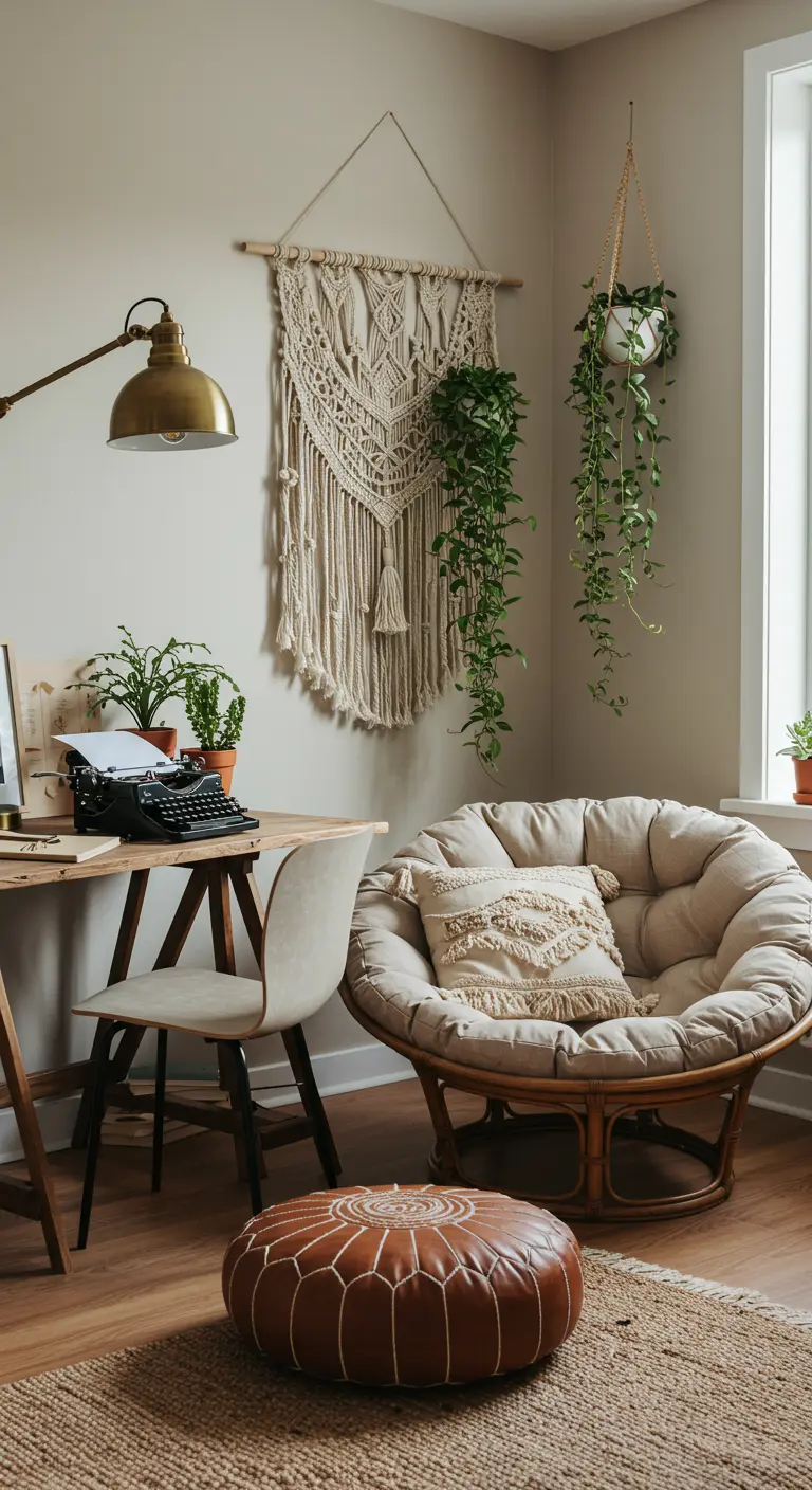 Bureau bohème avec grand macramé mural, fauteuil papasan, pouf en cuir et plantes suspendues.