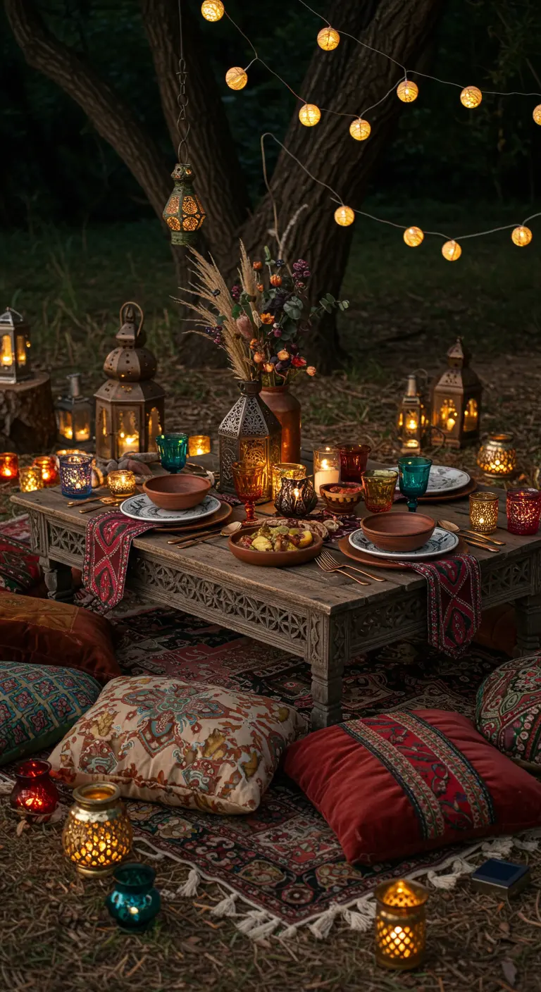 Dîner bohème en extérieur avec table basse, coussins au sol, tapis et lanternes orientales.
