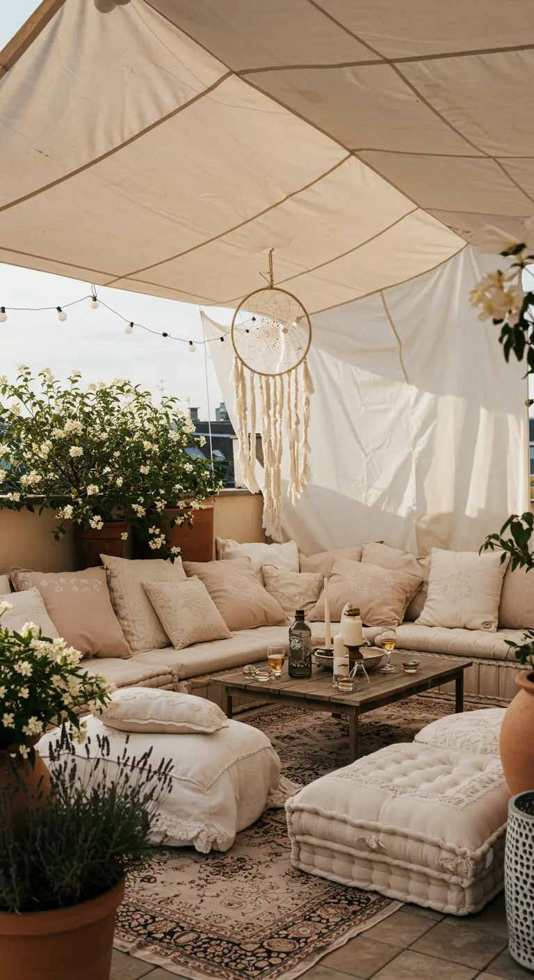 Terrasse bohème en blanc et beige avec canapé, coussins, toile d'ombrage et attrape-rêves.