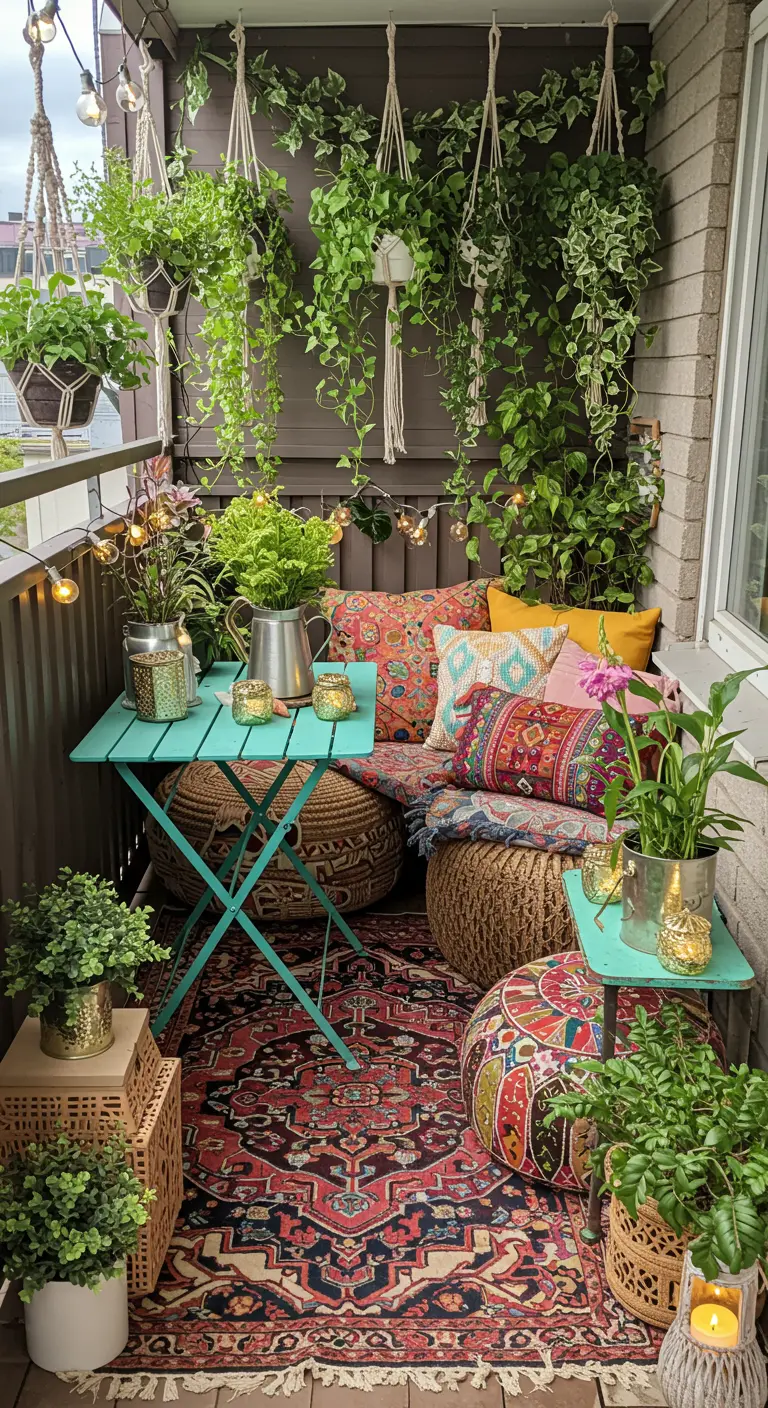 Balcon bohème avec coussins colorés, tapis superposés, plantes suspendues et guirlandes.