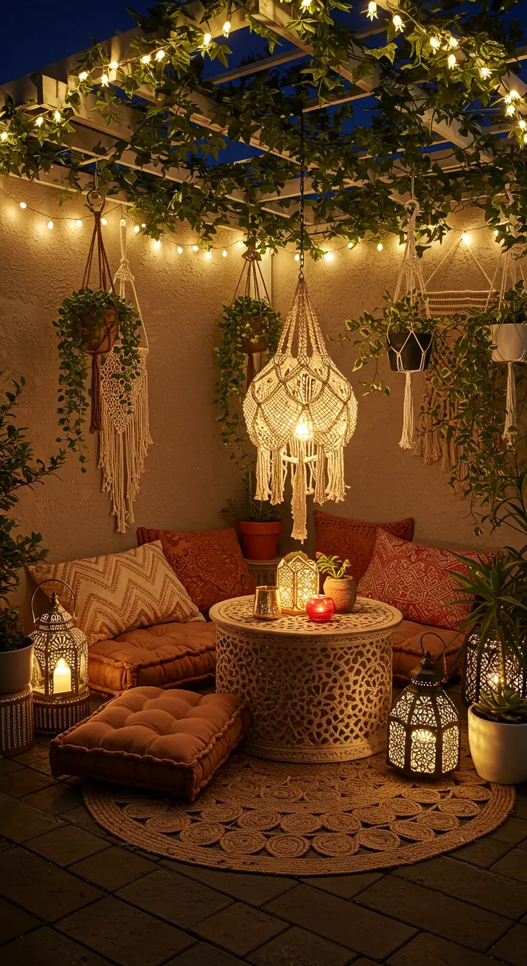 Coin salon bohème avec pergola végétalisée, guirlandes, suspensions macramé et lanternes marocaines.