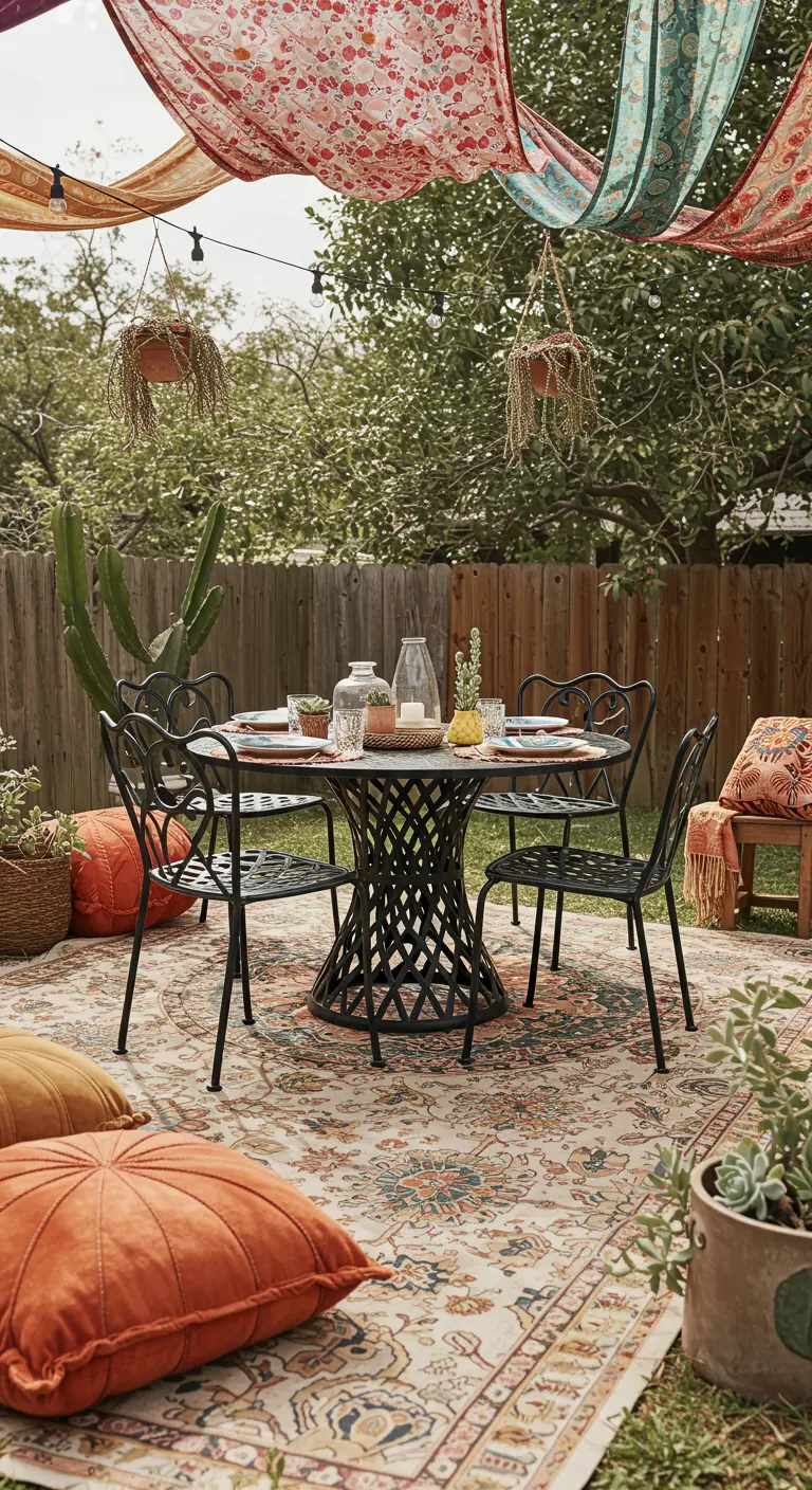 Patio bohème avec table en fer forgé, tapis d'extérieur, coussins colorés et tissus suspendus.